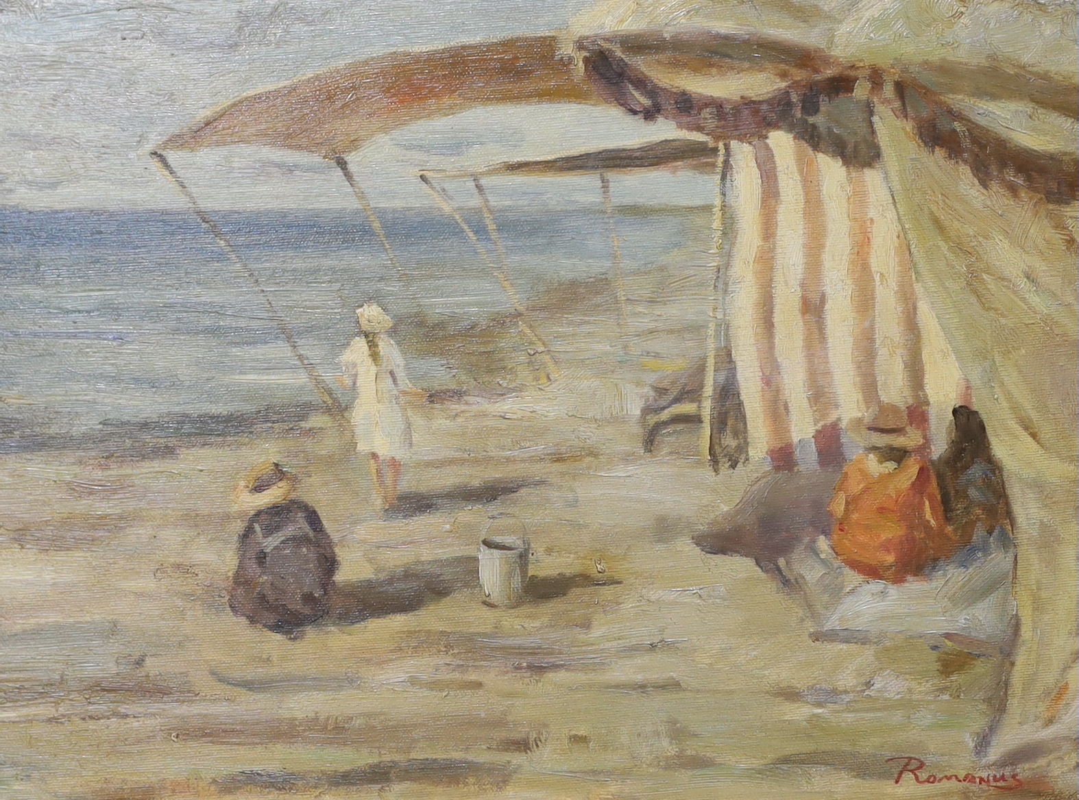 Spanish Impressionist School, oil on canvas, Beach scene with figures, indistinctly signed, 29 x 39cm